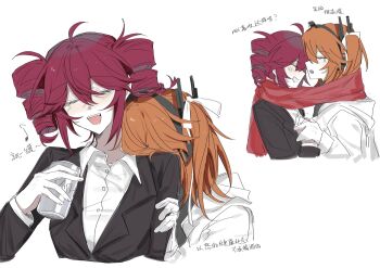 2girls a.i._voice adachi_rei beer_can black_jacket blush can chinese_text closed_eyes collared_shirt commentary drill_hair drink_can eighth_note gloves hair_ribbon hashtag-only_commentary headphones highres holding holding_can hood hoodie jacket kasane_teto multiple_girls music musical_note one_side_up open_mouth orange_hair pealerprpr red_hair red_scarf ribbon scarf shared_clothes shared_scarf shirt simple_background singing smile translation_request twin_drills utau white_background white_gloves white_hoodie white_ribbon white_shirt yuri