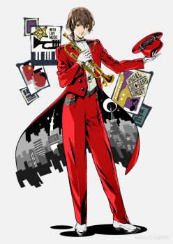 Rule 34 | 1boy, akechi gorou, black bow, black bowtie, bow, bowtie, brown hair, building print, closed mouth, coat, coattails, collared shirt, copyright notice, fedora, full body, gloves, hair between eyes, hat, hat belt, holding, holding instrument, holding trumpet, holding unworn clothes, holding unworn hat, instrument, lapels, long sleeves, looking at viewer, male focus, official art, open clothes, open coat, pants, peaked lapels, persona, persona 5, ponytail, poster (object), print coat, red coat, red hat, red pants, saitou rokuro, second-party source, shirt, shoes, short hair, simple background, smile, solo, standing, star (symbol), traditional bowtie, trumpet, two-sided coat, two-sided fabric, unworn hat, unworn headwear, white background, white gloves, white shirt, white shoes, wing collar