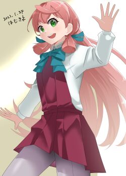 1girl absurdres akashi_(kancolle) aqua_bow aqua_bowtie blunt_tresses bow bowtie commentary_request cosplay cowboy_shot dress green_eyes grey_pantyhose hair_ribbon halter_dress halterneck hamukiyo highres kantai_collection long_hair long_sleeves pantyhose pink_hair pleated_dress purple_dress ribbon school_uniform seamed_legwear side-seamed_legwear smile solo tress_ribbon upper_body yuugumo_(kancolle) yuugumo_(kancolle)_(cosplay)
