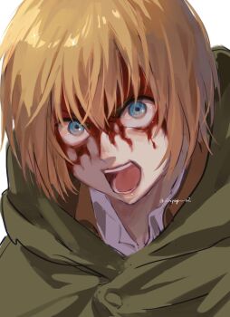 Rule 34 | 1boy, armin arlert, blonde hair, blood, blood on face, blue eyes, brown jacket, cloak, collared shirt, commentary request, furrowed brow, green cloak, hair between eyes, highres, jacket, looking at viewer, male focus, open mouth, pa hoi2, shingeki no kyojin, shirt, short hair, sketch, solo, twitter username, upper body, white background, white shirt, wide-eyed