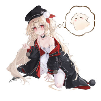 1girl absurdres azur_lane bare_shoulders black_choker black_hat black_jacket blonde_hair blush breasts choker closed_mouth dress hair_between_eyes hat highres image_in_thought_bubble jacket kneeling long_hair looking_at_viewer pantyhose peaked_cap petite pink_nails red_eyes simple_background small_breasts smile solo spaghetti_strap torn_clothes torn_pantyhose very_long_hair white_background white_dress white_pantyhose xiyu_(52710106) z9_(azur_lane)