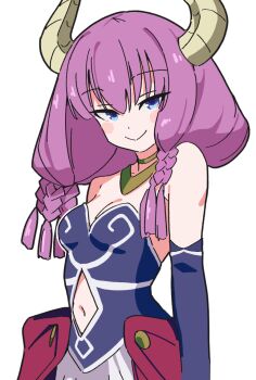 1girl aura_(sousou_no_frieren) bare_shoulders blue_eyes blush_stickers braid breasts clothing_cutout commentary dot_nose elbow_gloves gloves hair_between_eyes horns long_hair medium_breasts multiple_braids navel navel_cutout noyama_takenoko purple_hair simple_background smile solo sousou_no_frieren upper_body white_background