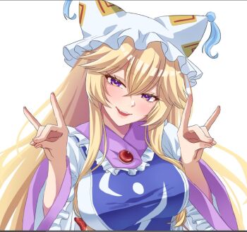Rule 34 | 0002koko, 1girl, alternate costume, animal hat, blonde hair, blue tabard, breasts, commentary request, cosplay, double fox shadow puppet, dress, fox shadow puppet, hat, large breasts, long hair, looking at viewer, mob cap, open mouth, purple eyes, simple background, smile, solo, tabard, touhou, very long hair, white background, white dress, yakumo ran, yakumo ran (cosplay), yakumo yukari
