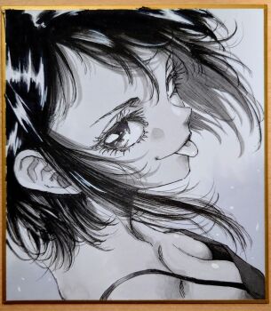 Rule 34 | 1girl, breasts, camisole, choppy bangs, closed mouth, commentary request, downblouse, eyelashes, from above, from side, greyscale, looking at viewer, looking to the side, looking up, makomako1061, medium breasts, medium hair, monochrome, original, photo (medium), shikishi, solo, spaghetti strap, tongue, tongue out, traditional media, upper body