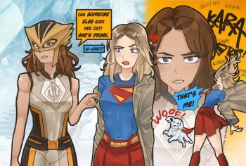 Rule 34 | 2girls, anger vein, blonde hair, blue eyes, blue shirt, boots, brown coat, brown hair, cape, closed eyes, coat, coat partially removed, commentary, dc comics, derkdrew124, dog, drunk, english commentary, english text, grey eyes, hawkgirl, helmet, krypto the superdog, long hair, miniskirt, multiple girls, off shoulder, open clothes, open coat, open mouth, parted lips, red boots, red cape, red skirt, shirt, single off shoulder, skirt, sleeveless, supergirl, supergirl (2026), superhero costume, superman (series), superman logo, teeth, upper teeth only, white fur