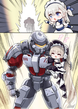 2girls 2koma :o absurdly_long_hair aged_down apron armor azur_lane black_dress black_headwear blonde_hair blue_dress blue_eyes blush braid breasts carrying carrying_person chibi cleavage closed_eyes comic commander_(azur_lane) dress feet french_braid frilled_apron frilled_gloves frills gloves happy highres hm_(hmongt) holding_person hug light_brown_hair little_bel_(azur_lane) little_formidable_(azur_lane) long_hair looking_at_another looking_at_viewer maid maid_apron maid_headdress meme multiple_girls musical_note one_side_up open_mouth pointing pointing_at_another pointing_backward pose_imitation power_armor power_armor_commander_(azur_lane) purple_eyes ribbon shoes sleeveless sleeveless_dress smile standing tareme teeth thighhighs two-tone_dress two-tone_ribbon two_soyjaks_pointing_(meme) upper_teeth_only very_long_hair waist_apron white_gloves white_hair