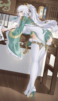 Rule 34 | 1girl, bent over, boots, braid, breasts, chinese commentary, commentary request, earrings, fingernails, from behind, genshin impact, grey hair, high heel boots, high heels, highres, holding, indoors, jewelry, large breasts, long hair, looking at viewer, looking back, multicolored hair, nail polish, paid reward available, parted lips, sidelocks, solo, streaked hair, thigh boots, white boots, wu ganlan cai, yellow eyes, yellow nails, zibai (genshin impact)