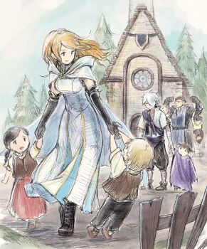 1other 3girls 4boys bandaged_arm bandaged_leg bandages black_boots black_eyes black_gloves black_hair black_pants blonde_hair boots braid brown_hair brown_vest cape child church cleric cloak commentary_request crosshatching dress fence flexing floating_clothes floating_hair gloves hair_over_one_eye hanging_on_arm hatching_(texture) highres holding_hands jitome lace-up_boots cross-laced_sleeves long_hair multiple_boys multiple_girls octopath_traveler octopath_traveler_i olberic_eisenberg ophilia_clement pantaloons pants pine_tree poncho puffy_short_sleeves puffy_sleeves purple_poncho qqqqqli red_skirt shirt short_hair short_sleeves short_twintails single_braid skirt sleeveless sleeveless_dress therion_(octopath_traveler) torn_clothes tree twintails unamused vest white_cape white_dress white_hair white_shirt wooden_fence yellow_shirt