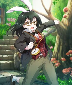 1girl alice's_adventures_in_wonderland analog_clock animal_ear_hairband animal_ears belt black_bow black_bowtie black_hair black_jacket bow bowtie breasts brown-framed_eyewear brown_belt brown_eyes brown_shoes clenched_hands clock cosplay day dot_nose double-parted_bangs fake_animal_ears foot_out_of_frame game_cg glasses green_pants hairband jacket long_sleeves looking_at_viewer medium_breasts medium_hair morishita_kihiro mushroom official_art open_clothes open_jacket open_mouth outdoors outstretched_arm pants plaid_clothes plaid_shirt rabbit_ear_hairband rabbit_ears rectangular_eyewear red_shirt running shirt shoes socks solo stairs stone_stairs third-party_source toji_no_miko toji_no_miko:_kizamishi_issen_no_tomoshibi tree watch white_hairband white_rabbit_(alice_in_wonderland) white_rabbit_(alice_in_wonderland)_(cosplay) white_shirt white_socks