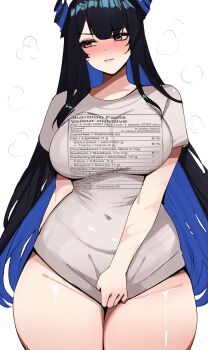 1girl absurdres averting_eyes black_hair blue_hair blush breasts covered_navel curvy demon_horns english_text grey_shirt highres hololive hololive_english horns large_breasts long_hair meeko_illus naked_shirt nerissa_ravencroft nutrition_facts print_shirt red_eyes shirt shirt_tug simple_background solo spanish_text thighs very_long_hair virtual_youtuber white_background wide_hips