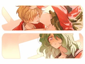 Rule 34 | between legs, bishoujo senshi sailor moon, blonde hair, blue eyes, blush, commentary, highres, implied after cunnilingus, kaiou michiru, long hair, sailor neptune, sailor uranus, school uniform, short hair, ten'ou haruka, tongue, tongue out, untranslatable commentary, yumi xsh