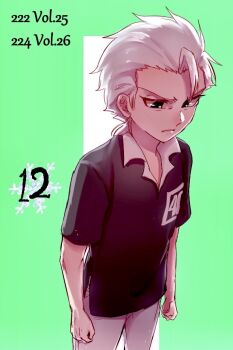 1046sstep_btoh 1boy black_shirt bleach commentary_request cowboy_shot from_above frown green_eyes hitsugaya_toushirou ishar-mla_(arknights) polo_shirt shirt snowflakes solo v-shaped_eyebrows white_hair