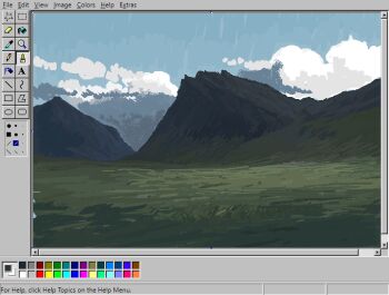 art_program_in_frame christian_young cloud cloudy_sky commentary day english_commentary forest landscape meadow microsoft_paint_(medium) microsoft_paint_(software) microsoft_windows mountain mountainous_horizon nature no_humans original outdoors painterly rain scenery screencap sky valley windows_98 windows_classic