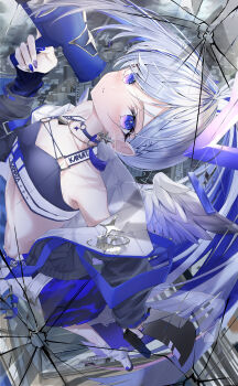 1girl absurdres amane_kanata amane_kanata_(lock_on) belt black_choker black_sports_bra blush braid breasts choker collarbone colored_inner_hair commentary_request earrings grey_hair hair_between_eyes hair_ornament halo highres holding holding_megaphone hololive jewelry long_hair looking_at_viewer megaphone midriff multicolored_hair multicolored_nails nail_art nail_polish nakatako1225 navel official_alternate_costume official_alternate_hair_length official_alternate_hairstyle parted_lips ponytail purple_eyes purple_hair purple_nails ring shirt single_hair_intake small_breasts solo sports_bra star_halo streaked_hair virtual_youtuber