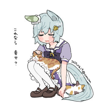 1girl animal animal_ears animal_on_lap blush brown_shoes calico_(pattern) calico_cat closed_eyes dated full_body grey_hair hair_ornament hairpin highres horse_ears horse_girl horse_tail on_lap pantyhose petting purple_shirt purple_skirt school_uniform seiun_sky_(umamusume) shirt shoes short_hair simple_background skirt solo squatting tail tracen_school_uniform twitter_username umamusume wanuuma white_background white_pantyhose