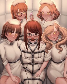 5girls absurdres ball_gag blonde_hair blush bodysuit bound bound_arms bound_legs brown_eyes brown_hair dankestofdans gag gagged glasses hat highres holding holding_syringe licking_lips looking_at_viewer multiple_girls niijima_makoto nurse nurse_cap okumura_haru orange_hair padded_walls persona persona_5 sakura_futaba shadow_(persona) smile straitjacket syringe takamaki_anne tongue tongue_out twintails variant_set white_bodysuit yellow_eyes yoshizawa_kasumi yuri
