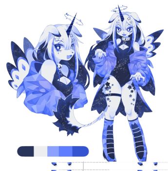 1girl animal_ears black_leotard blue_boots blue_theme blue_tongue boots breasts cleavage cleavage_cutout clothing_cutout collar colored_inner_hair colored_tongue commentary corrupted_twitter_file dog_ears dog_girl english_commentary full_body furry furry_female glitter halo horns leotard lion_tail long_hair multicolored_hair multiple_views neku_boo original reference_sheet simple_background single_horn standing star_(symbol) tail thigh_strap tongue tongue_out white_background white_fur white_hair