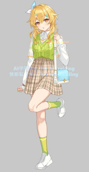 1girl alternate_costume bag blonde_hair casual collared_shirt commentary_request genshin_impact green_socks green_sweater grey_background hair_ornament hairclip highres long_sleeves looking_at_viewer lumine_(genshin_impact) miz_(mi) parted_lips shirt shoes short_hair_with_long_locks shoulder_bag simple_background skirt socks solo standing standing_on_one_leg sweater white_shirt white_shoes yellow_eyes