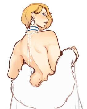 1girl ass bare_back bead_necklace beads blonde_hair blue_choker blue_eyes blush choker coat emma_frost from_behind fur_coat holy_meh jewelry looking_at_viewer looking_back marvel marvel_rivals necklace short_hair simple_background solo teeth white_background white_choker