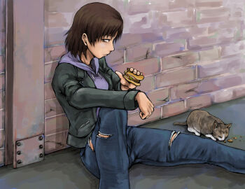 Rule 34 | 1girl, aged down, black jacket, black lagoon, blue pants, brown hair, cat, commentary request, eating, expressionless, food, holding, holding food, hood, hooded sweater, jacket, mimiyama kiichi, on ground, pants, revy (black lagoon), sandwich, short hair, sitting, sweater, torn clothes, torn pants