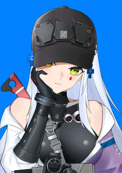 1girl absurdres arm_support baseball_cap black_hat blue_background breasts chinese_commentary commentary_request cross_hair_ornament flashbang girls&#039;_frontline girls&#039;_frontline_2:_exilium green_eyes hair_ornament hand_on_own_face hat head_tilt highres hk416_(girls&#039;_frontline) jacket klukai_(girls&#039;_frontline_2) long_hair looking_at_viewer multicolored_jacket off_shoulder parted_lips purple_jacket revision solo taoyan_lajiaomian tattoo teardrop_facial_mark teardrop_tattoo two-tone_jacket upper_body white_hair white_jacket