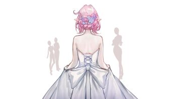 1girl 4girls back backless_dress backless_outfit chinese_commentary commentary_request dress elf elysia_(honkai_impact) flower from_below hair_flower hair_ornament highres honkai_(series) honkai_impact_3rd multiple_girls pink_hair pointy_ears procreate_(medium) seawave02974 short_hair simple_background solo_focus teeth white_background white_dress