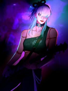 1girl absurdres black_choker black_shirt blue_eyes breasts cecilia_immergreen choker crop_top doll_joints earrings electric_guitar freckles guitar hair_over_one_eye highres hololive instrument jewelry joints long_hair multiple_earrings music playing_instrument red_lips shirt small_breasts soju_ice solo virtual_youtuber white_hair