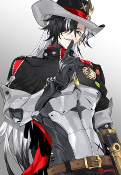 1boy arm_up belt belt_buckle black_hair black_jacket boothill_(honkai:_star_rail) brown_belt buckle collared_jacket commentary commentary_request cowboy_hat cowboy_shot cropped_jacket english_commentary finger_to_mouth hair_over_one_eye hat highres honkai:_star_rail honkai_(series) index_finger_raised jacket liexxx9xi long_hair male_focus mixed-language_commentary multicolored_hair one_eye_covered parted_lips sharp_teeth sheriff_badge sleeve_cuffs smile solo teeth twitter_username unzipped very_long_hair white_hair zipper