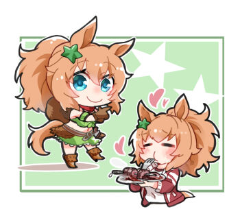 1girl animal_ears bare_shoulders beer_hsk blue_eyes blush boots breasts brown_boots brown_gloves brown_hair chibi closed_eyes closed_mouth commentary_request eating fork gloves green_background green_skirt gym_shirt hair_between_eyes hair_ornament heart high_heel_boots high_heels holding holding_plate horse_ears horse_girl horse_tail jacket medium_breasts multiple_views navel open_clothes open_jacket plate ponytail red_jacket shirt skirt smile star_(symbol) star_hair_ornament taiki_shuttle_(umamusume) taiki_shuttle_(wild_frontier)_(umamusume) tail track_jacket umamusume white_shirt