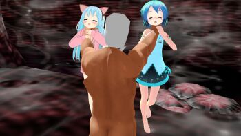1boy 2girls 3d asphyxiation blue_hair blush closed_eyes clothed_female_nude_male dress hatsune_miku headband headphones held_up highres loli multiple_girls nude ryona strangling vocaloid