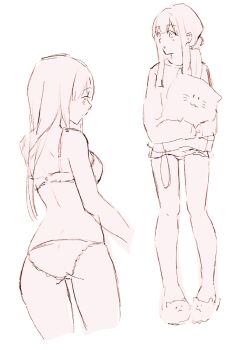 1girl absurdres bra breasts closed_mouth greyscale highres long_hair medium_breasts monochrome panties pillow pirorr simple_background slippers solo sophia_esteed star_ocean star_ocean:_till_the_end_of_time underwear white_background