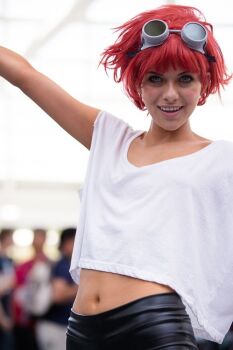 Rule 34 | bike shorts, cosplay, cowboy bebop, edward wong hau pepelu tivrusky iv, edward wong hau pepelu tivrusky iv (cosplay), goggles, goggles on head, looking at viewer, navel, photo (medium), red hair, smile