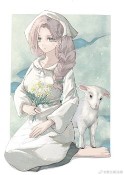 1girl animal baby_animal border braid breasts brown_hair chemise daisy_(flower) dress flower green_eyes green_ribbon hand_on_lap headscarf highres holding holding_flower jewelry kayla_(reverse:1999) lamb long_hair reverse:1999 ribbon ring seiza sheep side_braid sitting solo white_border white_dress white_headscarf