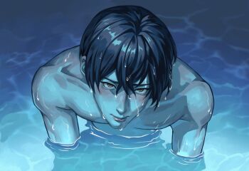 1boy black_hair closed_mouth hair_between_eyes hashtag-only_commentary highres hikaru_ga_shinda_natsu i'll_teach_you_everything_(chainsaw_man) light_reflection_(water) lips looking_at_viewer male_focus no_mole nose nude partially_submerged scene_reference short_hair solo tsujinaka_yoshiki upper_body verbartt wet wet_hair