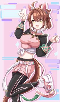 1girl absurdres ahoge animal_ears belt black_leggings black_shrug blush bow breasts brown_eyes brown_hair checkered_ribbon commentary_request dantsu_flame_(center_spotlight)_(umamusume) dantsu_flame_(umamusume) ear_covers ear_ornament ear_ribbon hair_between_eyes highres horse_ears horse_girl horse_tail large_breasts leggings leggings_under_shorts looking_at_viewer midriff multicolored_hair navel open_mouth pink_shirt pink_shorts shirt shorts shrug_(clothing) smile solo tail tied_shirt umamusume white_belt white_hair white_shirt xiaofeng