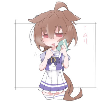 1girl :d agnes_tachyon_(umamusume) ahoge animal_ears beer_hsk blush bow brown_hair collar_tug commentary_request cropped_legs drooling hair_between_eyes half-closed_eyes hands_up horse_ears horse_girl horse_tail hot mouth_drool nose_blush open_mouth pleated_skirt puffy_short_sleeves puffy_sleeves purple_bow purple_shirt red_eyes school_uniform shirt short_sleeves skirt smile solo tail thighhighs tracen_school_uniform umamusume white_background white_skirt white_thighhighs