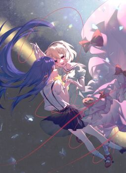 2girls blindfold blonde_hair blue_hair crystal dress furude_rika green_dress highres higurashi_no_naku_koro_ni houjou_satoko implied_yuri kakera lambdadelta multiple_girls pink_dress red_eyes red_string red_string_of_fate skirt string suspender_skirt suspenders umineko_no_naku_koro_ni yuri