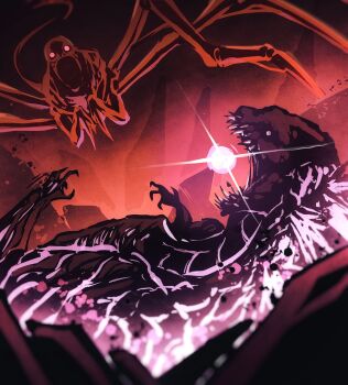 battle body_horror colored_skin commentary creepypasta demon eldritch_abomination energy energy_ball english_commentary fighting giant giant_monster glowing glowing_eyes glowing_mouth godzilla godzilla:_monster_of_monsters! godzilla_(series) godzilla_(shin) graphite_(medium) hell highres hollow_eyes hoodedmask horror_(theme) kaiju monster no_humans open_mouth red_(creepypasta) red_eyes red_skin sharp_teeth shin_godzilla sketch standing teeth toho traditional_media