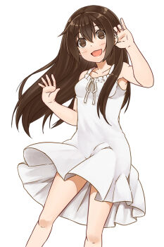 Rule 34 | 1girl, :d, alternate hairstyle, bad id, bad pixiv id, brown eyes, brown hair, cowboy shot, dress, female focus, hair down, hand in own hair, minami-ke, minami kana, mo-fu, open mouth, sleeveless, smile, solo, white background, white dress