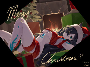 1girl 95hoody alternate_breast_size_(larger) animal_ears arm_tattoo black_hair blue_eyes box breasts cat_ears cat_girl christmas christmas_ornaments christmas_tree commentary dark_kasli_(nyanko_daisensou) ears_through_headwear english_commentary fang fang_out fire fireplace frilled_thigh_strap gift gift_box hair_over_one_eye hat highres kasli_(nyanko_daisensou) large_breasts leg_ribbon leg_tattoo looking_at_viewer lying merry_christmas naked_ribbon nude nyanko_daisensou on_back pale_skin pinecone ribbon ribbon_as_bra santa_hat skin_fang smile stomach stomach_tattoo tattoo thigh_ribbon thigh_strap