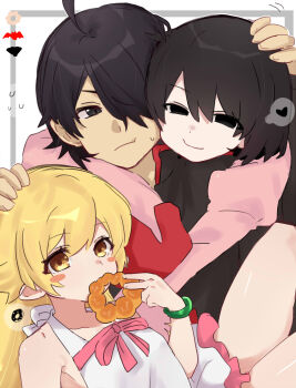 Rule 34 | 1boy, 2girls, absurdres, ahoge, araragi koyomi, arm around neck, armet, bare shoulders, bat (animal), black eyes, black hair, black jacket, blonde hair, blush stickers, border, bow, bracelet, breasts, cheek squash, closed mouth, commentary, donut, dress, dress bow, eating, empty eyes, fang, food, frilled dress, frills, front-to-back, gakuran, grey border, hair between eyes, hair flaps, hair over one eye, hand fan, hand on another's head, hand up, headpat, heads together, heart, highres, holding, holding donut, holding food, hug, hug from behind, jacket, jewelry, juliet sleeves, knees up, leaning on person, long sleeves, looking at another, looking at viewer, looking to the side, monogatari (series), motion lines, multiple girls, naoetsu high school uniform, narrowed eyes, oshino ougi, oshino shinobu, outside border, pale skin, paper fan, pink bow, pink shirt, pon de ring, puffy long sleeves, puffy sleeves, red trim, school uniform, shirt, simple background, skin fang, sleeves past fingers, sleeves past wrists, small breasts, smile, spoken heart, spoken object, spoken sweatdrop, sundress, sweatdrop, swept bangs, tsugumi (tgm 615486), white background, white dress, yellow eyes