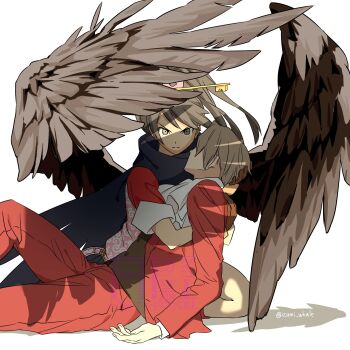 1boy 1girl ace_attorney ace_attorney_investigations artist_request ascot bird_girl bird_wings black_hair black_vest black_wings blue_scarf brown_gloves closed_mouth covered_eyes cradling_head facing_viewer feathered_wings formal_clothes gloves green_eyes grey_hair high_ponytail highres holding hug izumi_whale jacket karakusa_(pattern) kay_faraday key key_hair_ornament kneeling long_hair long_sleeves looking_at_viewer lying miles_edgeworth pants ponytail protecting red_jacket red_pants red_suit scarf serious shade shadow short_hair short_sleeves simple_background sitting sleeves_rolled_up suit twitter_username unconscious vest white_ascot white_background wings