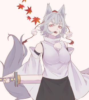 Rule 34 | 1girl, animal ears, autumn leaves, black skirt, detached sleeves, hat, highres, holding, holding sword, holding weapon, inubashiri momiji, kanaria (bcomn), leaf, looking at viewer, open mouth, pom pom (clothes), red eyes, red hat, shirt, short hair, simple background, skirt, solo, sword, tail, teeth, tokin hat, touhou, weapon, white background, white hair, white shirt, wide sleeves, wolf ears, wolf girl, wolf tail