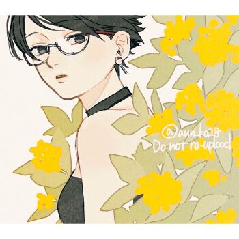 1girl bare_shoulders black_choker black_eyes black_hair black_tube_top boruto:_two_blue_vortex breasts choker flower from_side glasses highres looking_at_viewer naruto_(series) onka_(aun_ka28) parted_lips short_hair small_breasts solo strapless tube_top twitter_username uchiha_sarada uchiha_symbol watermark