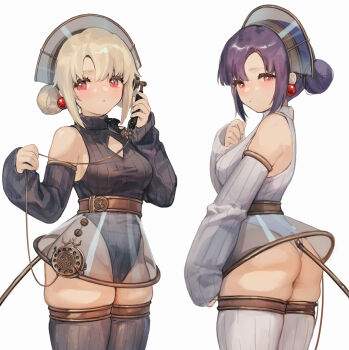 2girls :o above-cleavage_cutout antique_phone ass bare_shoulders black_hair black_legwear black_leotard blonde_hair breasts cable cable_tail cleavage_cutout closed_mouth clothing_cutout commentary_request corded_phone cowboy_shot detached_sleeves double_bun earrings expressionless hair_between_eyes hair_bun half-closed_eyes hand_up headdress high-waist_skirt highleg highleg_leotard highres holding holding_phone jewelry legs_together leotard long_sleeves looking_at_viewer looking_to_the_side matching_hairstyle matching_outfits mechanical_tail multiple_girls obiwan original parted_bangs phone plug red_eyes rotary_phone see-through_clothes see-through_skirt short_hair sidelocks simple_background skindentation skirt sleeves_past_wrists small_breasts standing striped_clothes striped_legwear striped_leotard striped_thighhighs tail talking_on_phone taut_clothes thighhighs turtleneck vertical-striped_clothes vertical-striped_thighhighs white_background white_legwear white_leotard