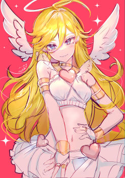 1girl absurdres ahoge angel angel_wings blonde_hair blue_eyes breasts choker commentary crop_top earrings halo heart_ornament highres hoop_earrings jewelry long_hair looking_at_viewer midriff miniskirt navel panty_&amp;_stocking_with_garterbelt panty_(psg) shirt sketch skirt smile solo stomach tactoki traditional_halo upper_body wings