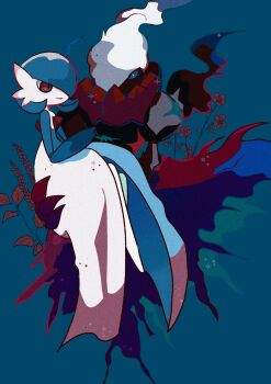 1girl 1other black_skin blue_background blue_hair blue_sclera blue_skin blue_theme bob_cut carrying colored_sclera colored_skin darkrai flat_chest flower gardevoir gen_3_pokemon gen_4_pokemon hair_over_one_eye hand_up happy highres legendary_pokemon long_hair looking_at_another mendako_(tyatyaumai29) multicolored_skin mythical_pokemon nintendo one_eye_covered open_mouth pokemon pokemon_(creature) princess_carry red_eyes red_flower short_hair smile sparkle two-tone_skin white_eyes white_hair white_skin