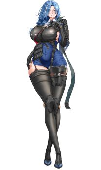 Rule 34 | 1girl, abs, absurdres, black gloves, black necktie, black thighhighs, blue hair, braid, breasts, commentary, covered abs, covered navel, curtained hair, dapx, dp-12 (girls' frontline), elbow gloves, english commentary, full body, garter straps, girls' frontline, girls' frontline 2: exilium, gloves, grey eyes, helen (girls' frontline 2), highres, huge breasts, knee guards, large breasts, long hair, multicolored hair, muscular, muscular female, necktie, parted bangs, parted lips, simple background, single braid, smile, solo, standing, streaked hair, tachi-e, thighhighs, two-tone hair, white background