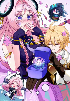 1girl 2boys aether_(genshin_impact) bare_shoulders blonde_hair blue_eyes blush braid breasts citlali_(genshin_impact) closed_mouth commentary_request detached_sleeves dreaming genshin_impact hetero highres intertwined_fate itzpapa_(genshin_impact) long_hair marriage_proposal medium_breasts multiple_boys on_bed ororon_(genshin_impact) pillow pink_hair smile tattoo twin_braids user_fmht8442