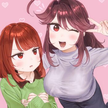2girls aged_up alternate_breast_size_(larger) alternate_universe blush blush_stickers brown_hair chara_(facing_demons) chara_(undertale) collared_sweater commentary_request dual_persona eyelashes green_sweater grey_sweater heart_soma highres multiple_girls pants red_eyes short_hair striped_clothes striped_sweater sweatdrop sweater two-tone_sweater undertale utdr_(toby_fox) v yellow_sweater